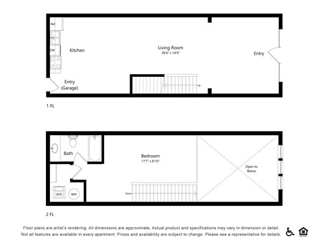 A floor plan for a 1 bedroom apartment with a living room and a bedroom.